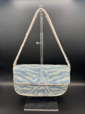 STAUD Tommy Beaded Shoulder Bag - Blue & White - Interior Strap is Peeling Some
